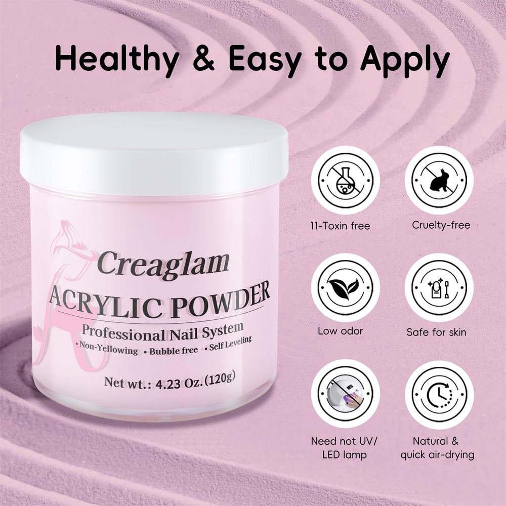 Creaglam acrylic powder bottle showing smooth, bubble-free application.