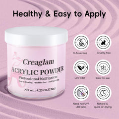 Creaglam acrylic powder bottle showing smooth, bubble-free application.