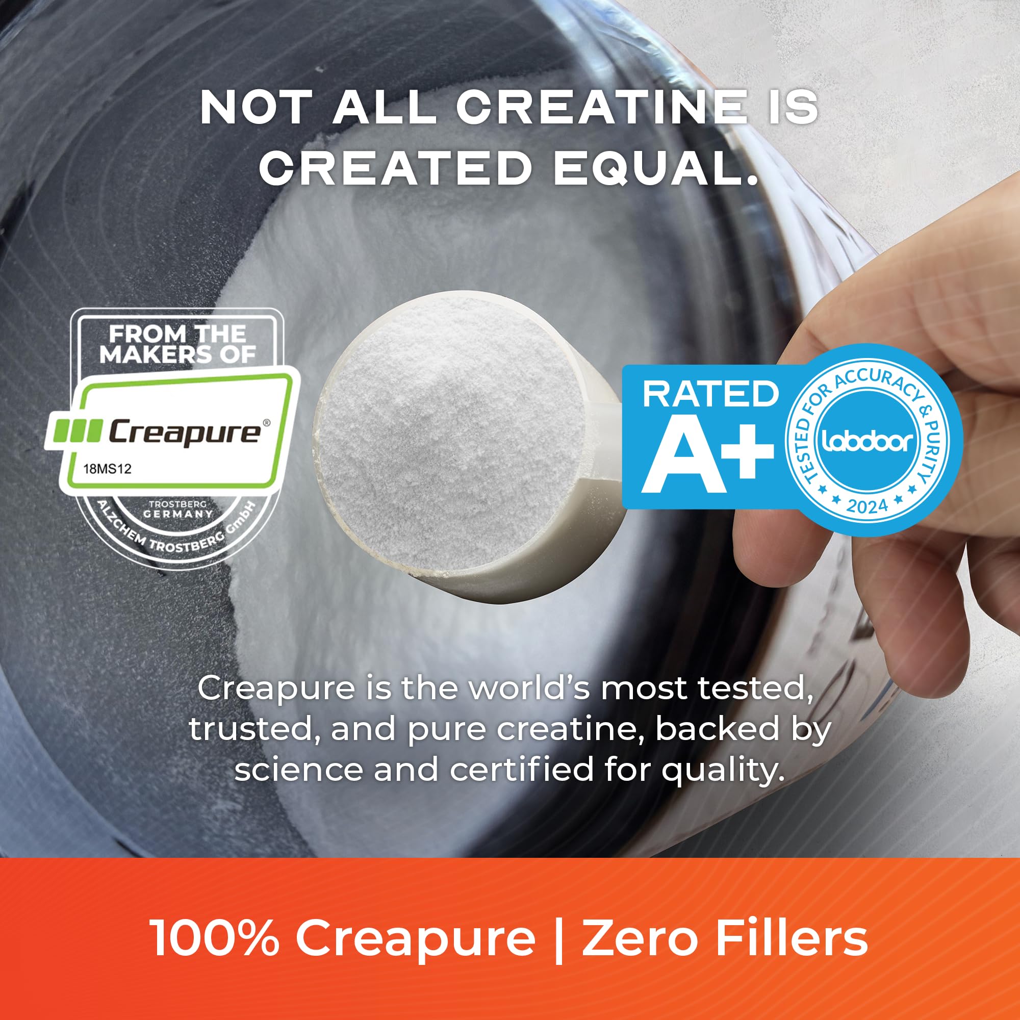 Close-up of natural orange Creapure creatine monohydrate powder jar