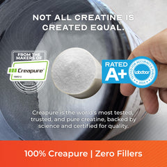 Close-up of natural orange Creapure creatine monohydrate powder jar
