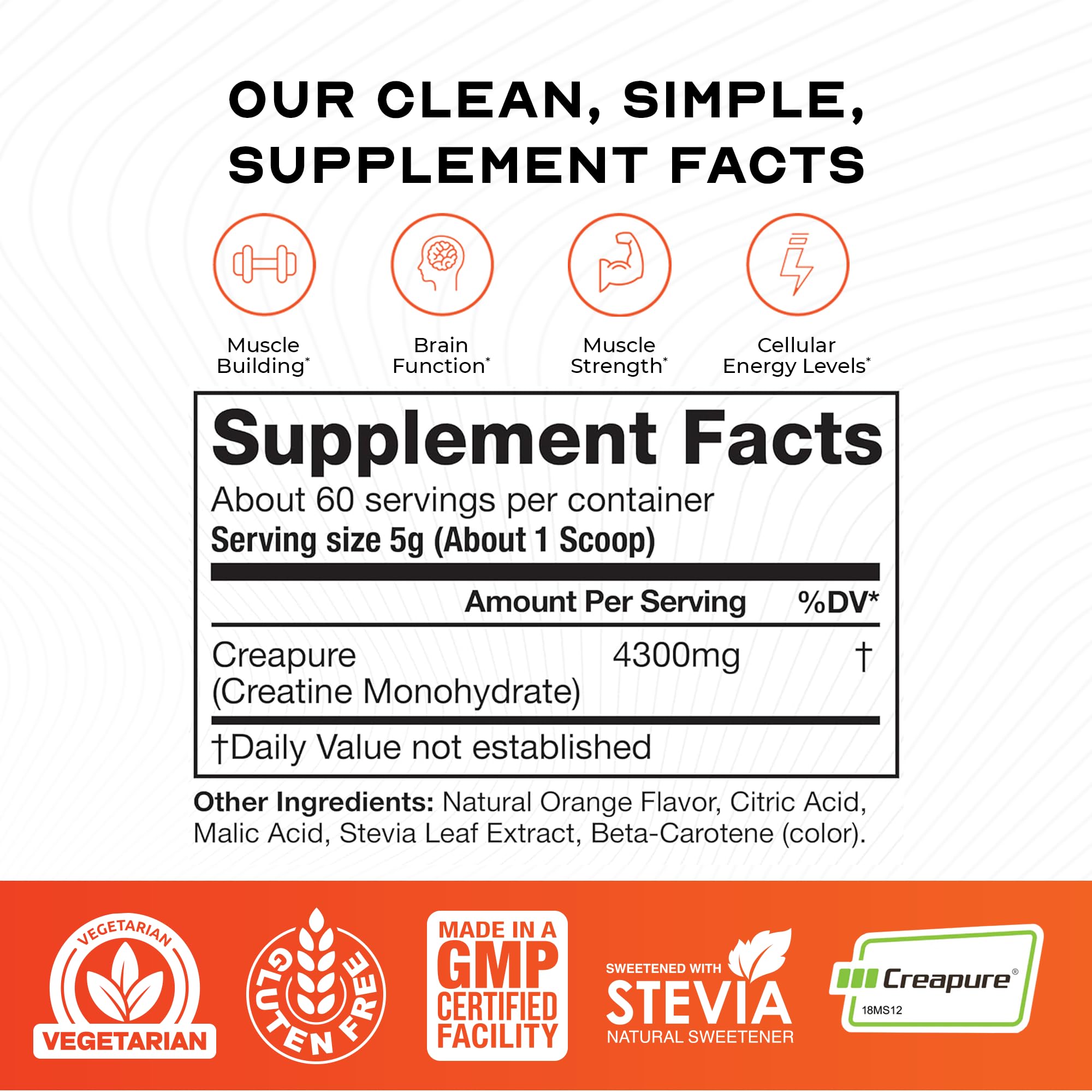 Serving scoop of Creapure creatine monohydrate powder in a glass
