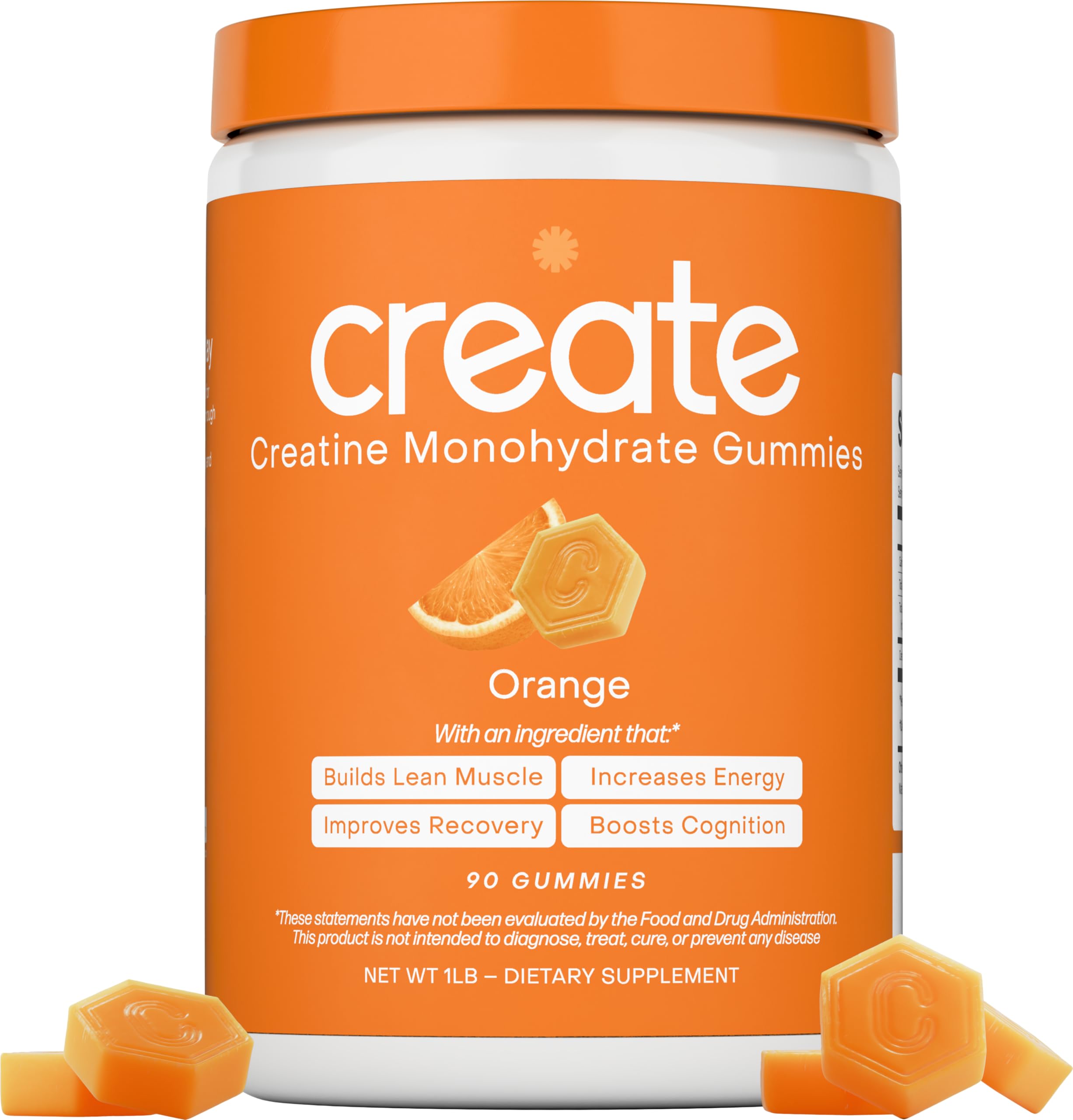 Create Creatine Monohydrate Gummies orange bottle on display for daily performance support.