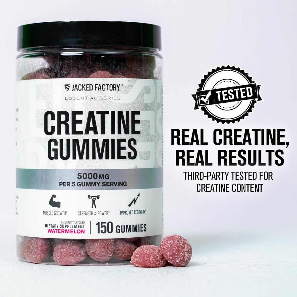 Graphic showing 5 gummies equal 5,000 mg creatine monohydrate