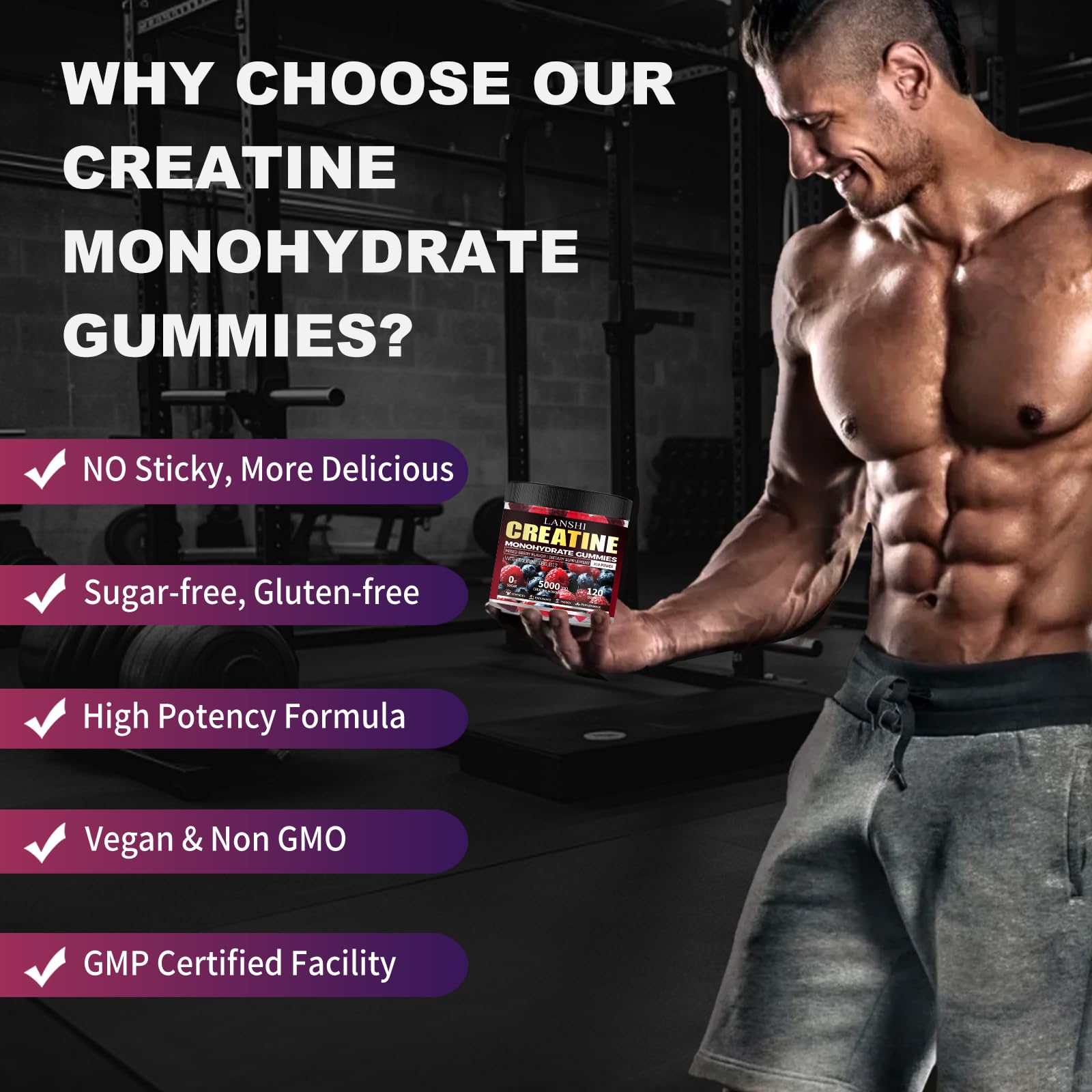 Ingredients: vegan, sugar-free, non-GMO creatine gummies.