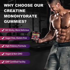 Ingredients: vegan, sugar-free, non-GMO creatine gummies.