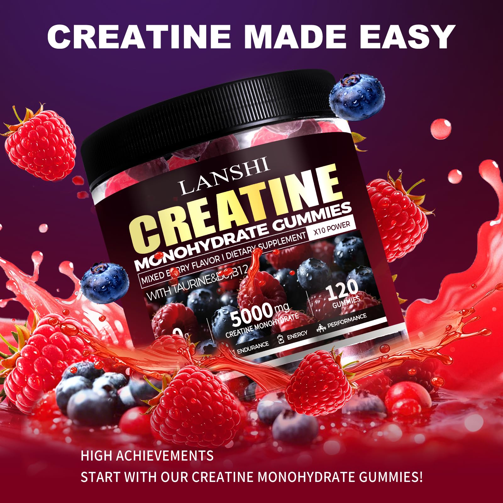 Close-up of mixed berry flavored Creatine Monohydrate Gummies.