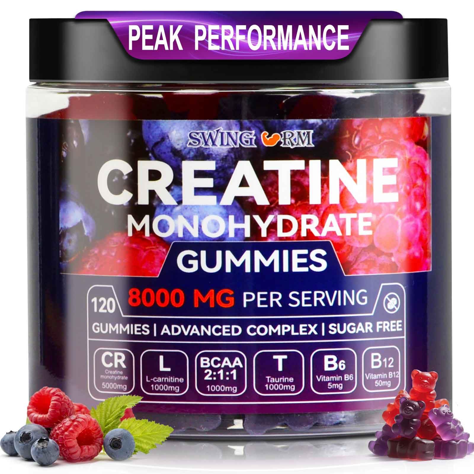 Front bottle of Raspberry & Blueberry Creatine Monohydrate Gummies, 120-count