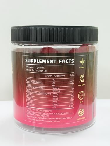 Packaging: Creatine HCL Gummies bottle label and 120-count bottle