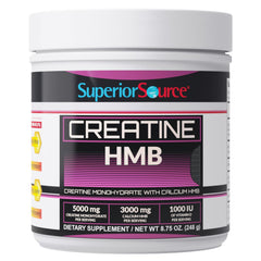 Unflavored creatine HMB powder in container (5 g creatine, 3 g HMB per serving)
