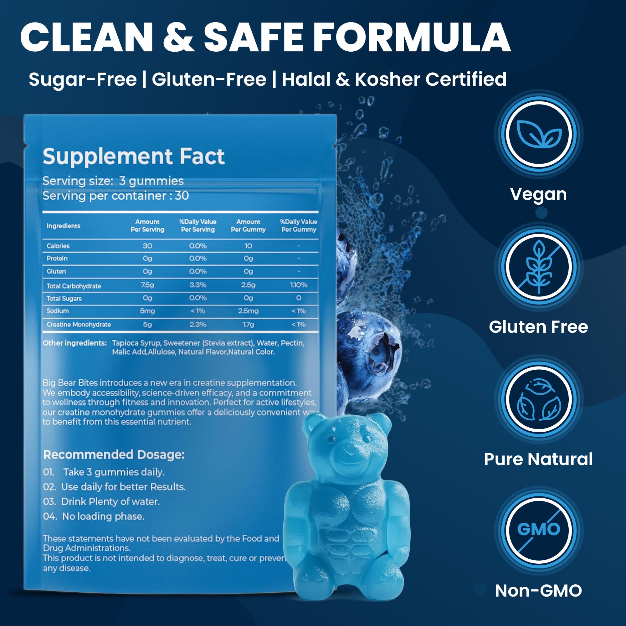 Serving showing 3 gummies for a 5g daily dose