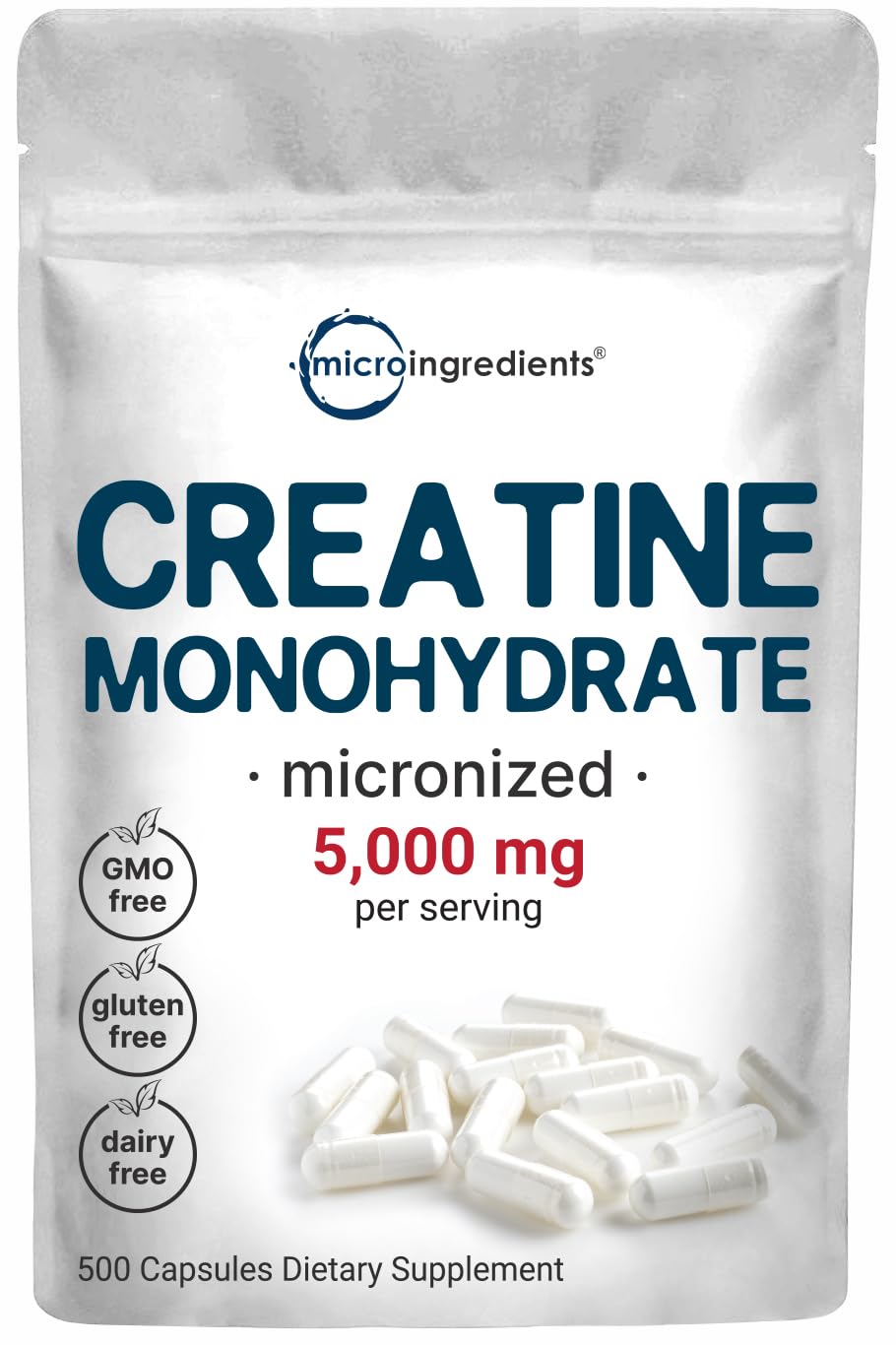 Front view of Creatine Monohydrate 5,000mg bottle with 500 capsules