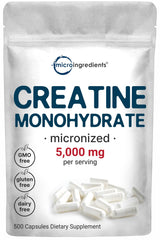 Front view of Creatine Monohydrate 5,000mg bottle with 500 capsules