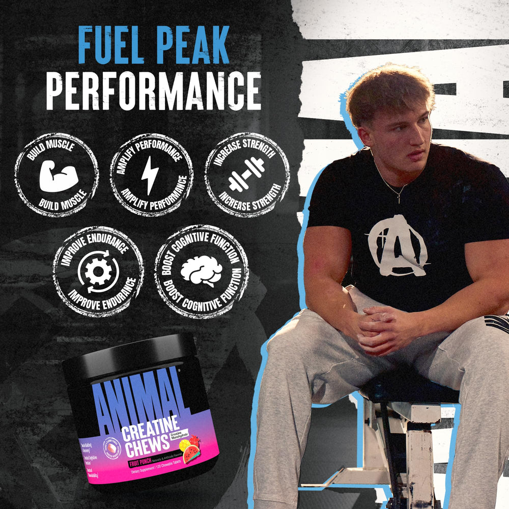 Graphic showing 5g of creatine monohydrate per serving for 4 chews