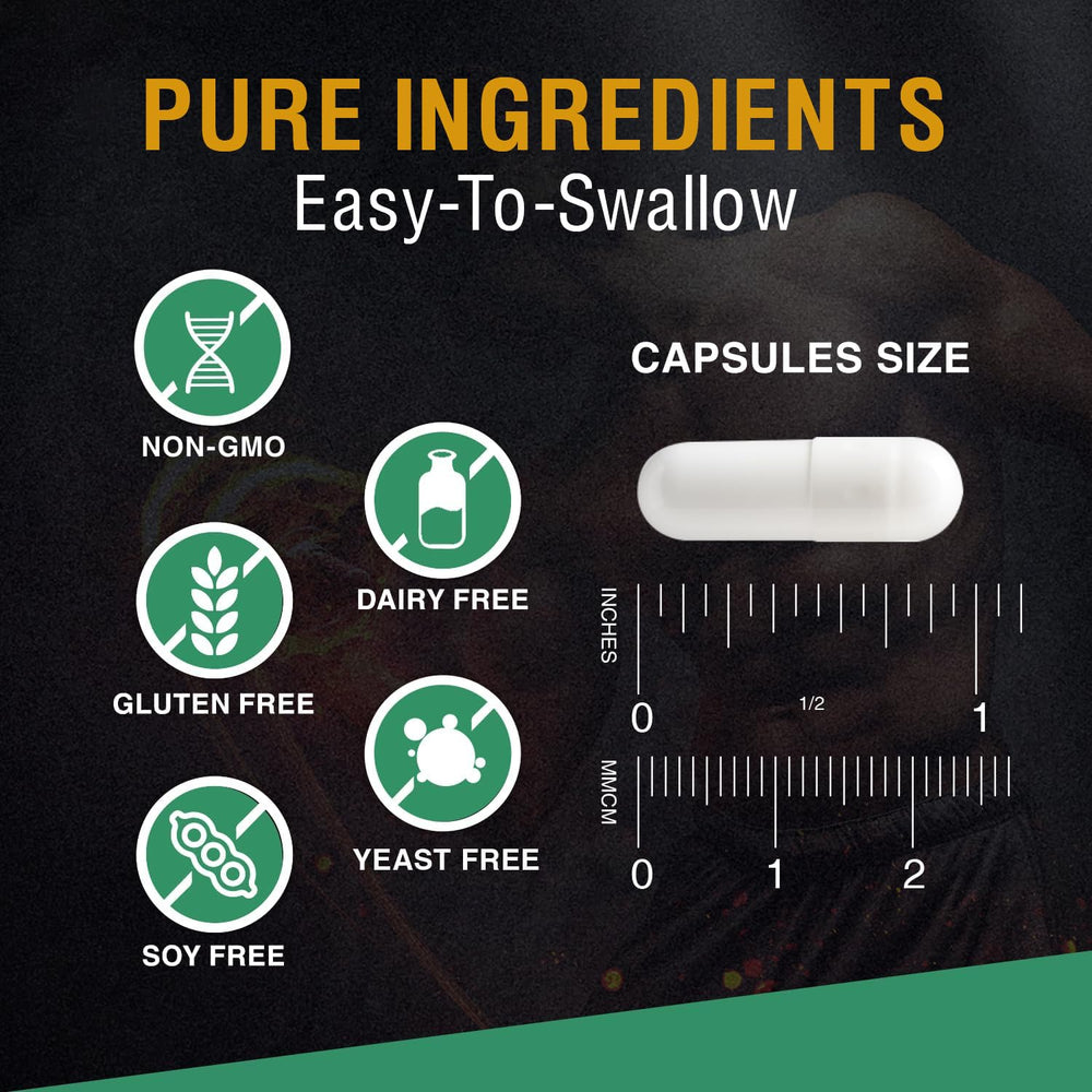 Serving size graphic showing 5 g per serving (7 capsules)