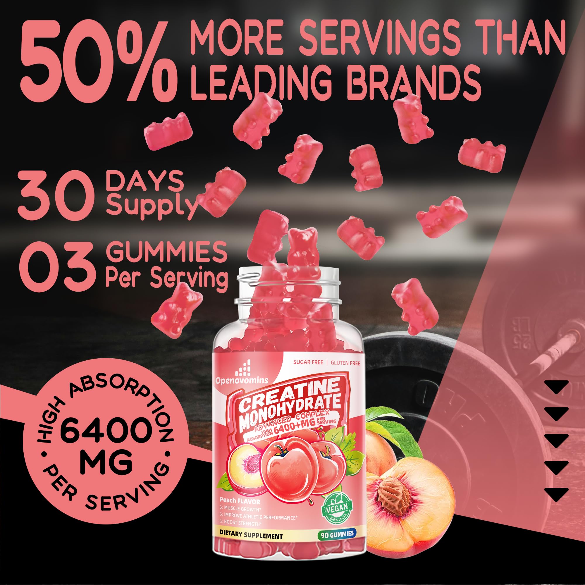 Peach-flavored gummies with a sporty lifestyle backdrop