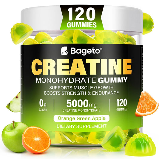 Bottle of Creatine Monohydrate Gummies with orange and green apple flavor