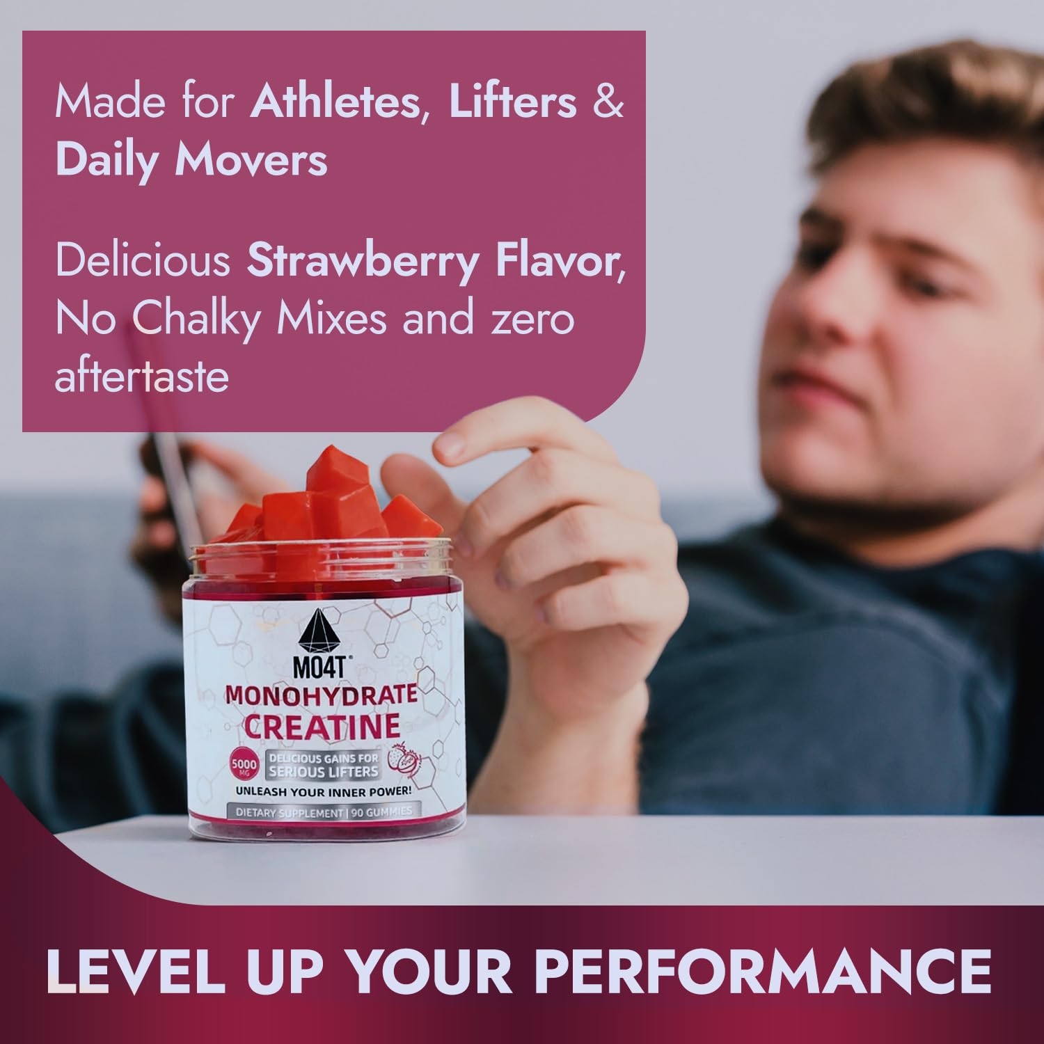 Three Creatine Monohydrate Gummies arranged on white background