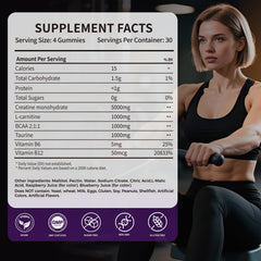 Graphic highlighting benefits of creatine gummies: muscle, strength, recovery and brain health.