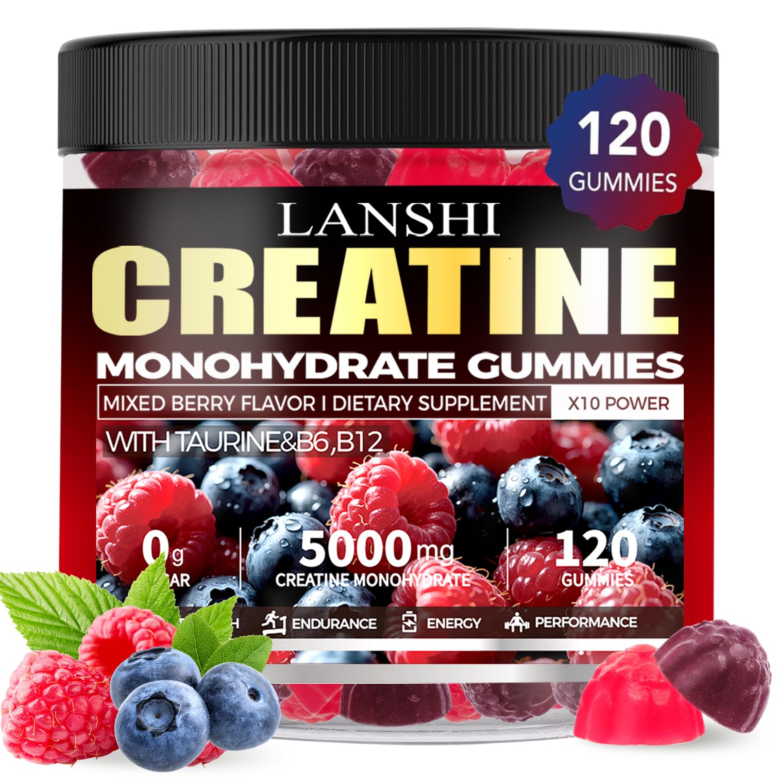 Bottle of Creatine Monohydrate Gummies 5000mg with Mixed Berry flavor, 120 count.
