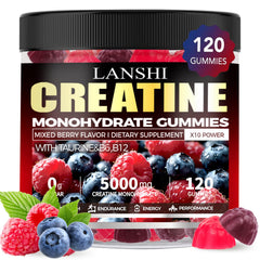 Bottle of Creatine Monohydrate Gummies 5000mg with Mixed Berry flavor, 120 count.