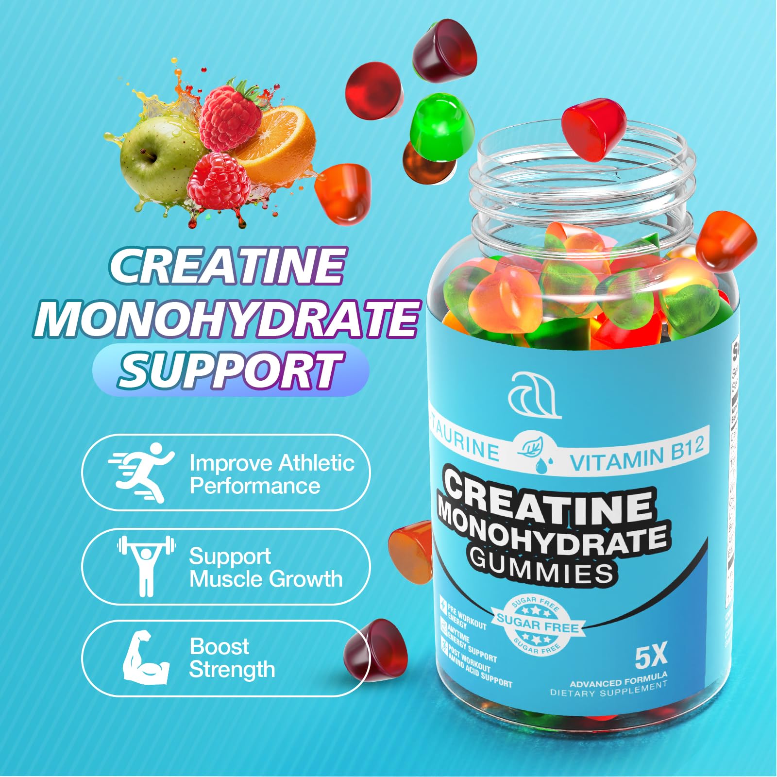 Active lifestyle scene with gummies and gym equipment