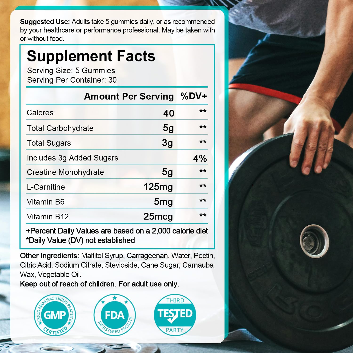 Gummies beside the bottle highlighting packaging