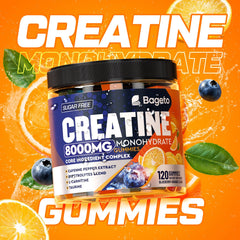 Gummies with label highlighting 5g creatine per serving and ingredients