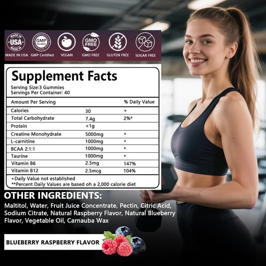 Berry-flavored creatine gummies in bottle