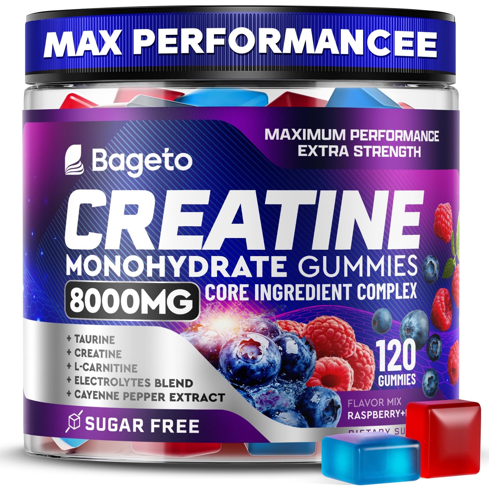 Front view of Creatine Monohydrate Gummies 8000mg bottle with 120 chewables