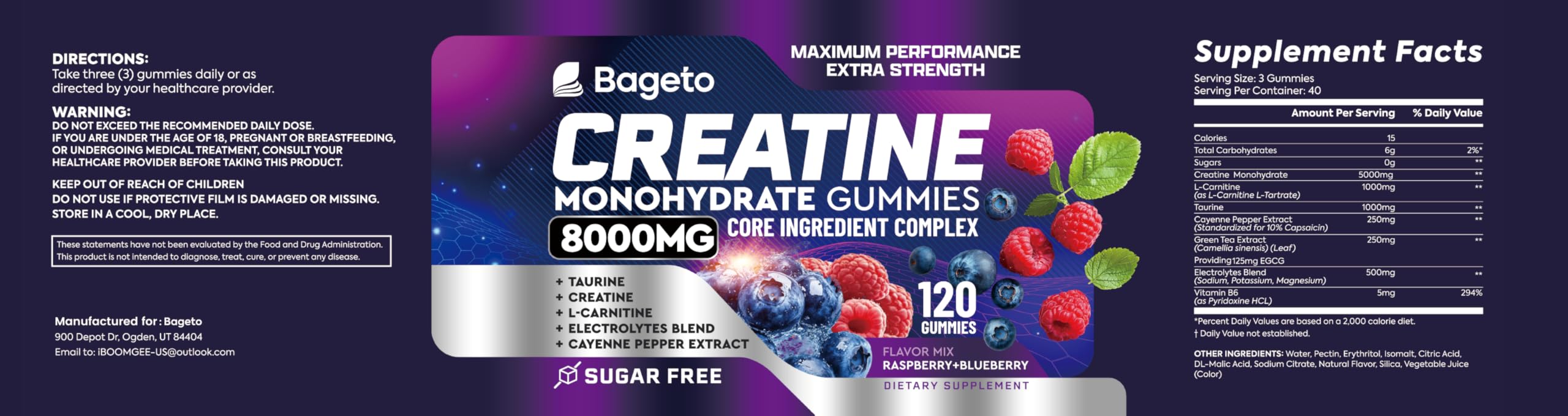 Ingredients panel for Creatine Monohydrate Gummies 8000mg