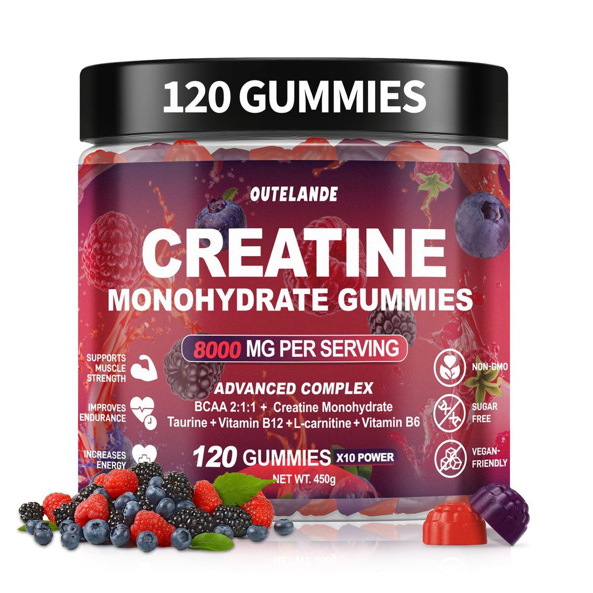 Creatine Monohydrate Gummies bottle with Raspberry-Blackberry-Blueberry flavor, 120 count