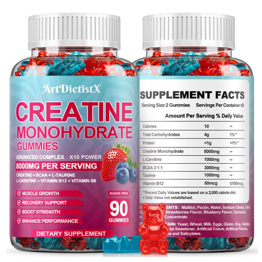 Creatine Monohydrate Gummies bottle with 180 count label featuring strawberry/blueberry flavors