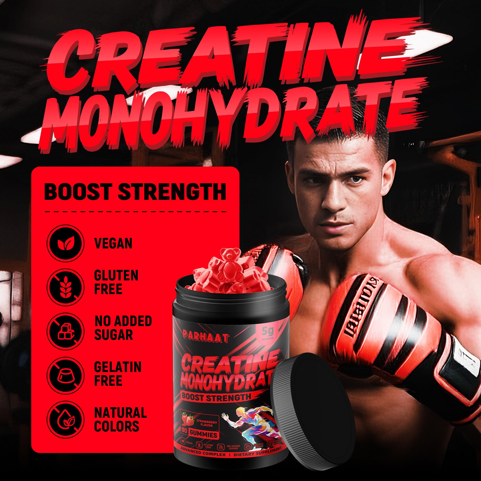 Close-up of the nutrition label on Creatine Monohydrate Gummies showing content.