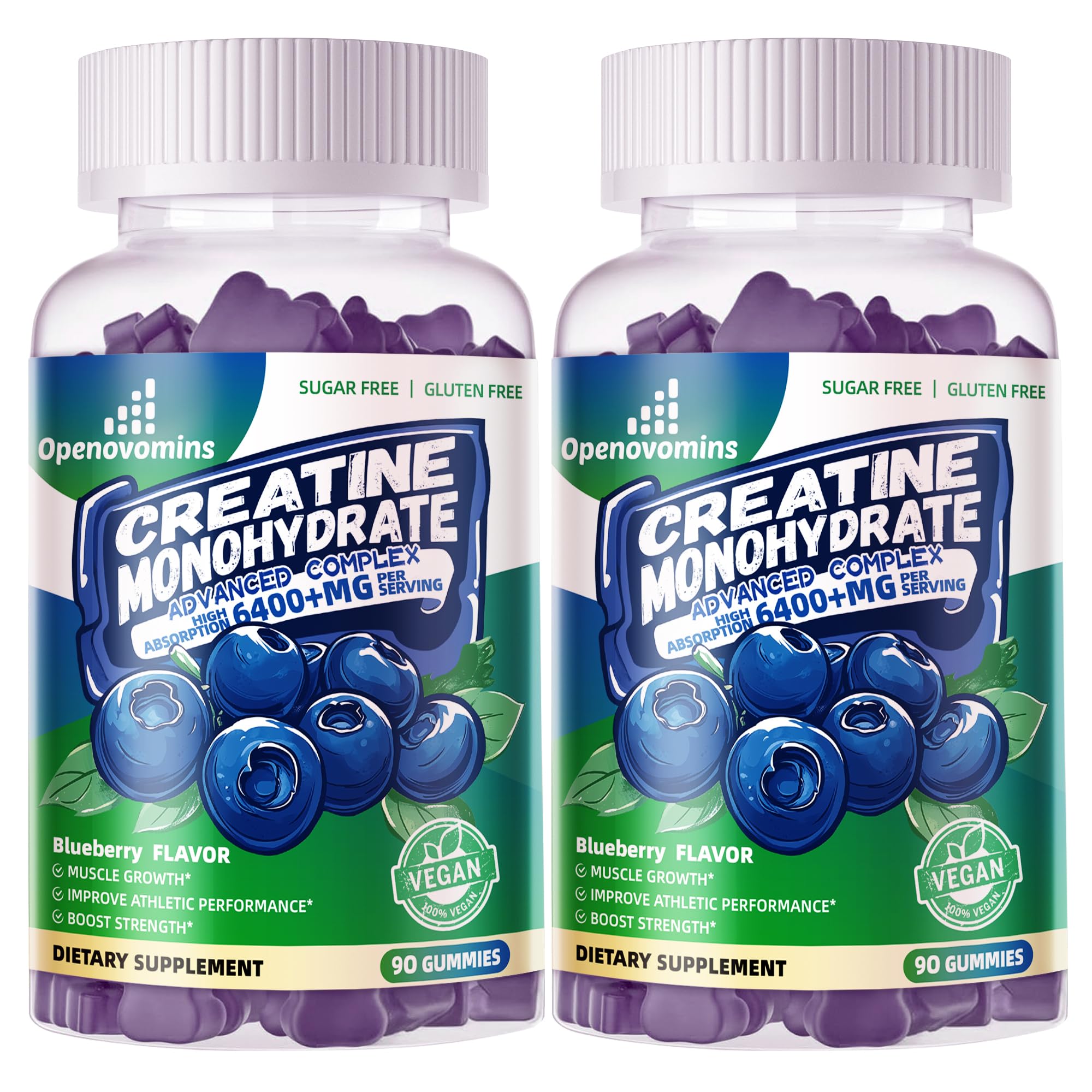 Front view of Creatine Monohydrate Gummies Blueberry 180-count bottle