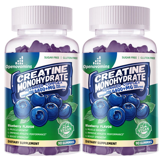 Front view of Creatine Monohydrate Gummies Blueberry 180-count bottle