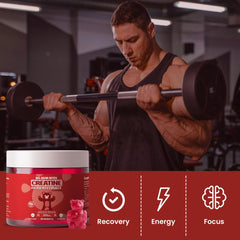 Close-up of strawberry-flavored creatine gummies.