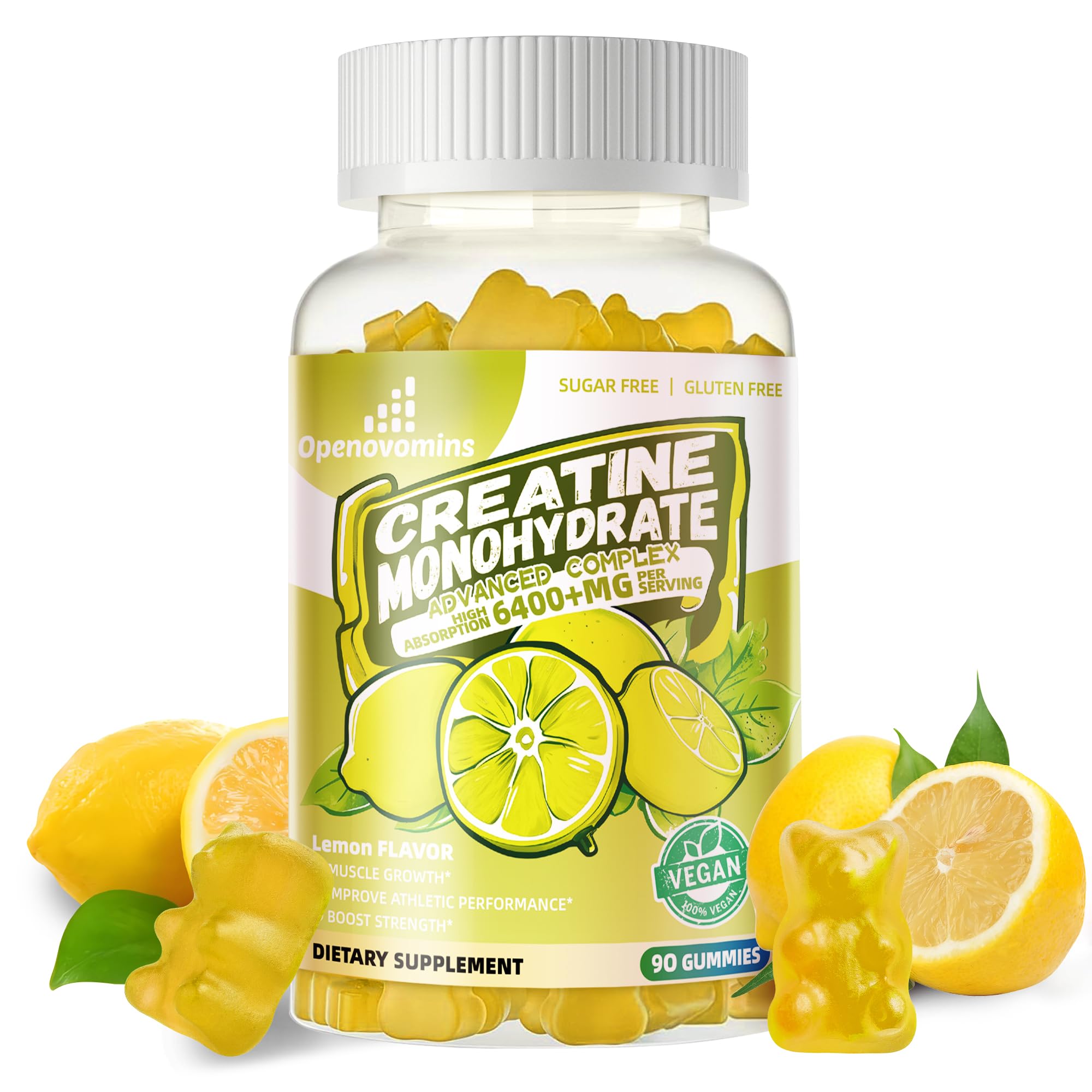 Front view of Creatine Monohydrate Gummies Complex lemon bottle