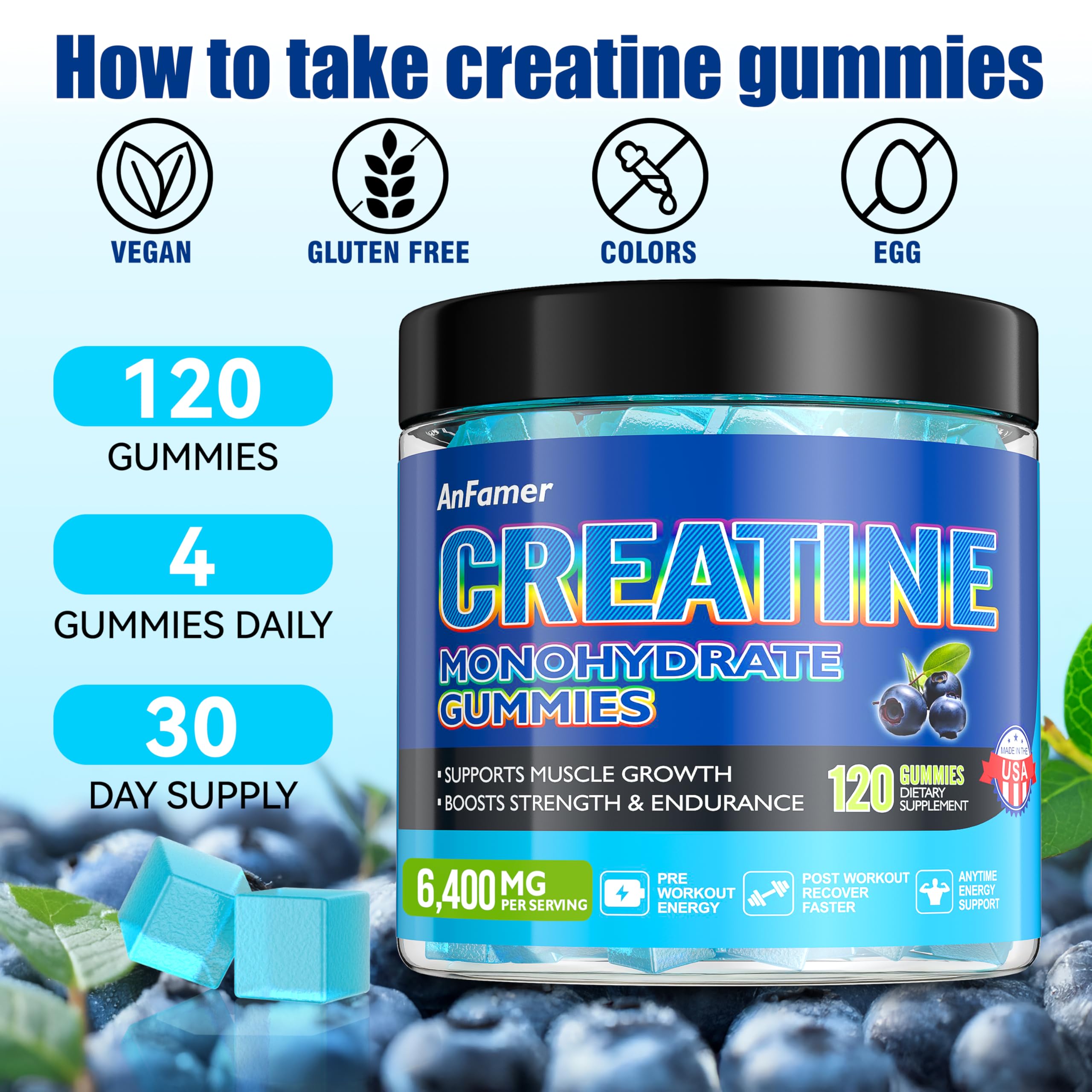 Travel-ready bottle of blueberry creatine gummies