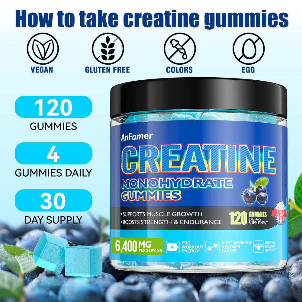 Travel-ready bottle of blueberry creatine gummies