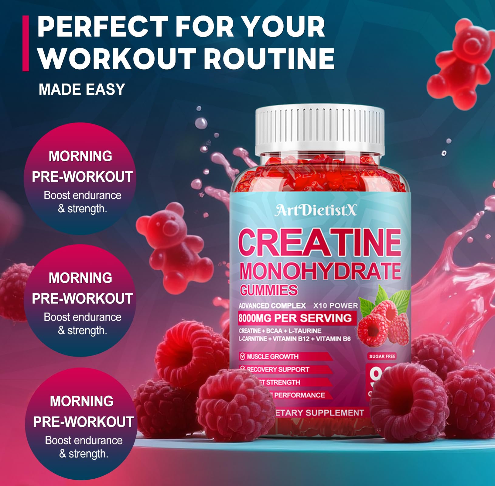 Athlete with Creatine Monohydrate Gummies bottle on display