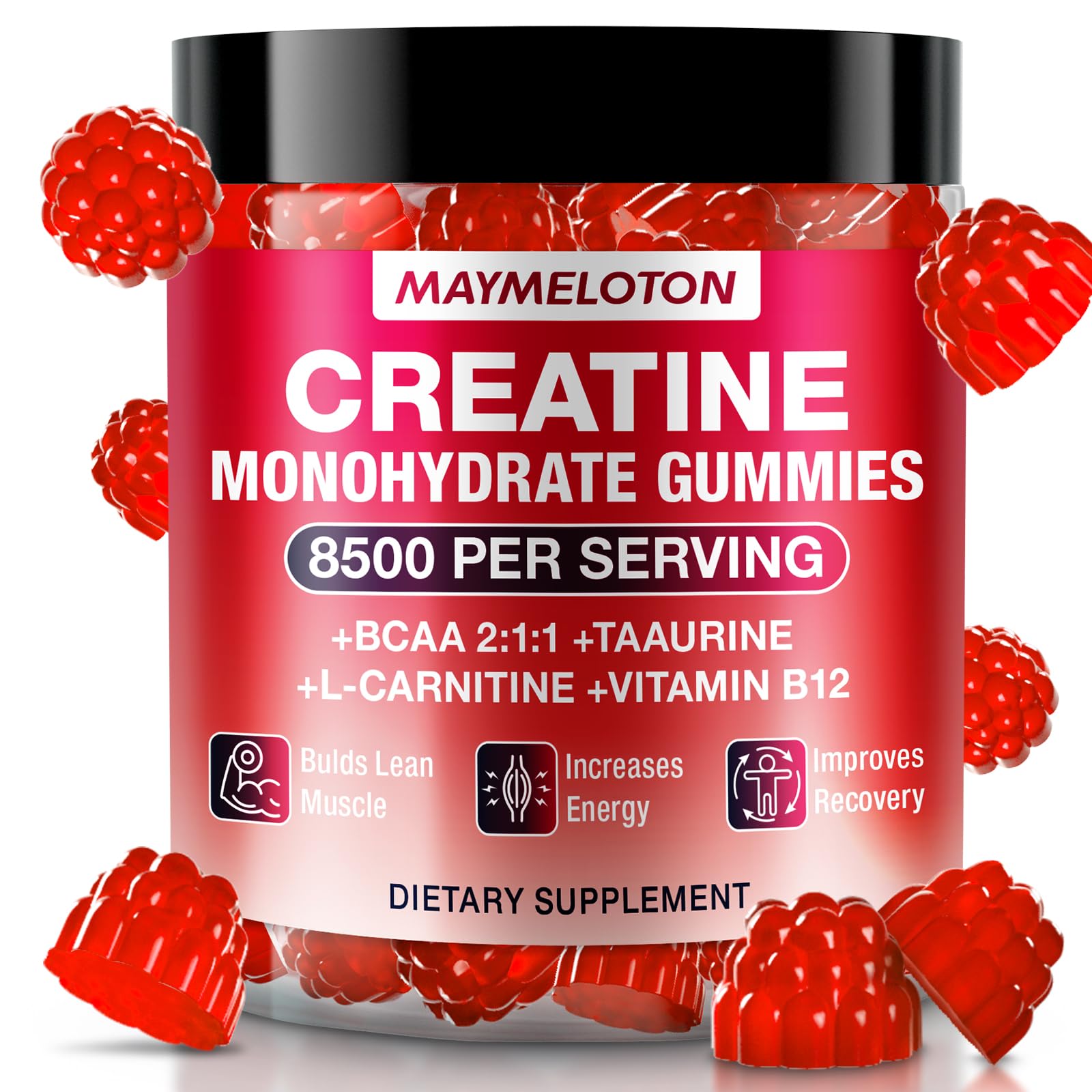 Creatine Monohydrate Gummies Raspberry flavor bottle front view