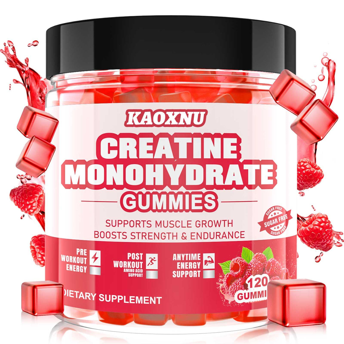 Front of raspberry Creatine Monohydrate Gummies bottle, 120 count