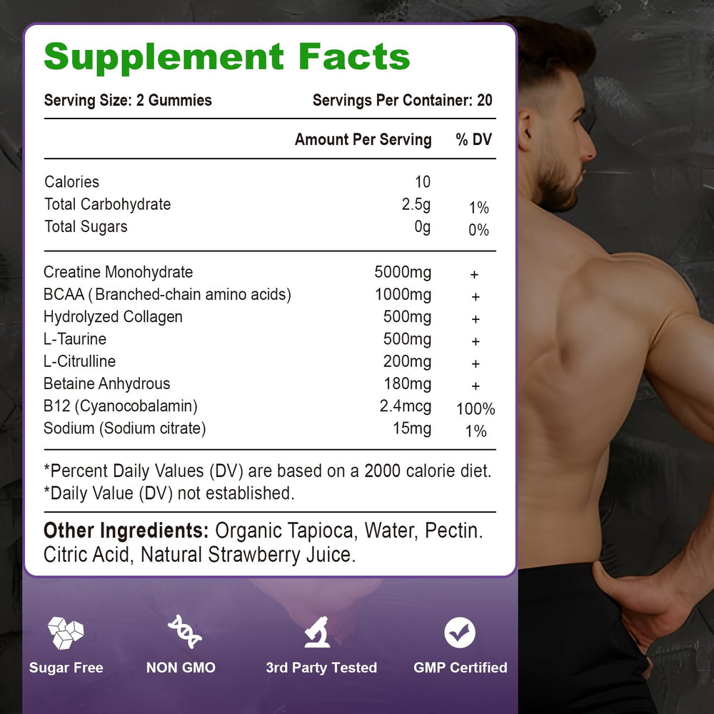 Close-up of 8-in-1 formula ingredients including BCAA and Alpha GPC