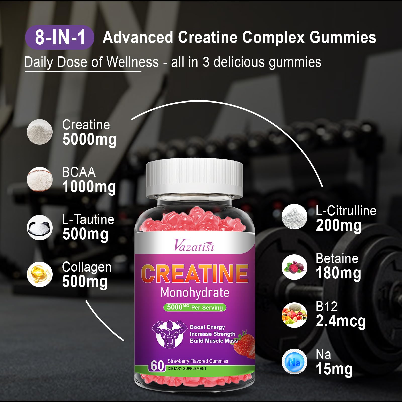 Vegan, gelatin-free creatine gummies highlighting organic and non-GMO