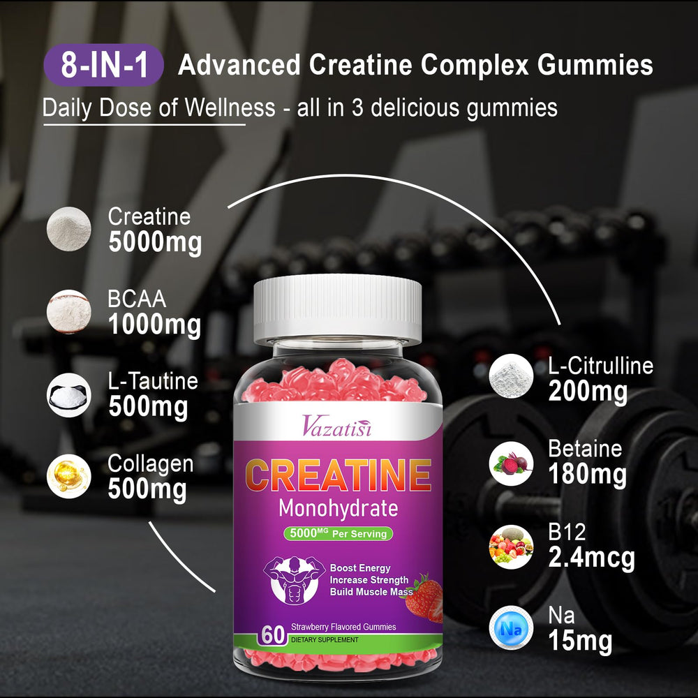 Vegan, gelatin-free creatine gummies highlighting organic and non-GMO