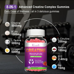 Vegan, gelatin-free creatine gummies highlighting organic and non-GMO