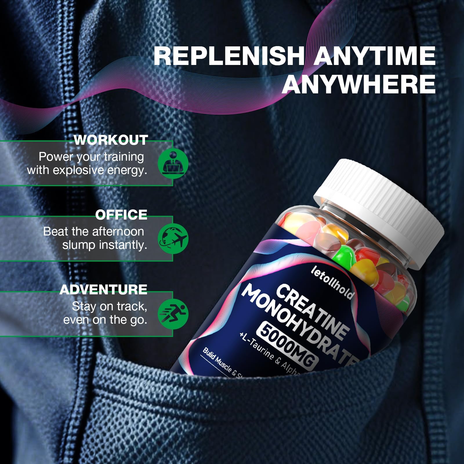 Sugar-free, vegan, non-GMO Creatine Monohydrate Gummies packaging