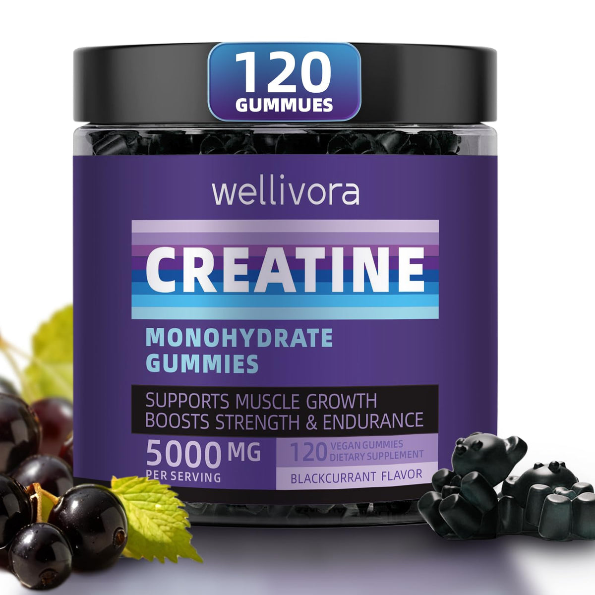 Creatine Monohydrate Gummy bottle with blackcurrant flavor