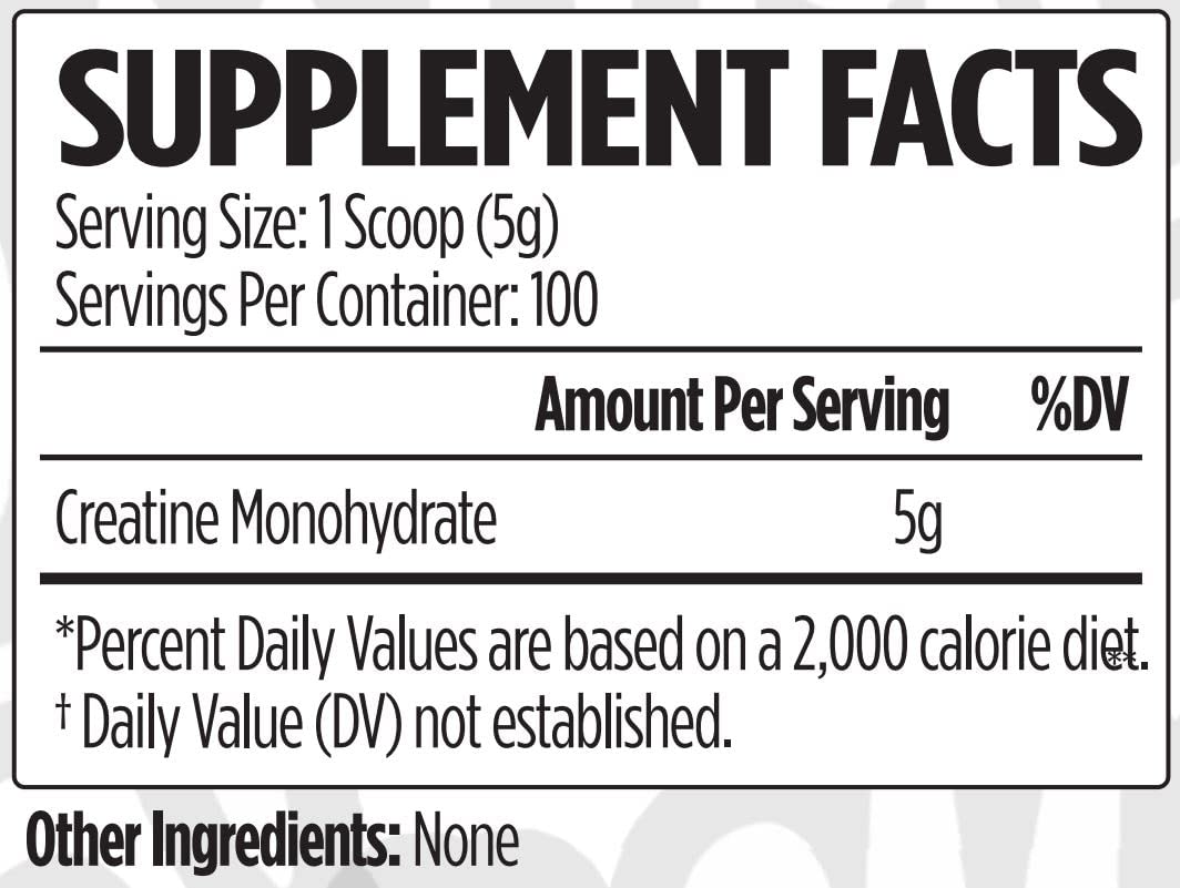 Nutrition facts for VMI Creatine Monohydrate powder
