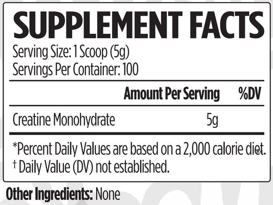 Nutrition facts for VMI Creatine Monohydrate powder